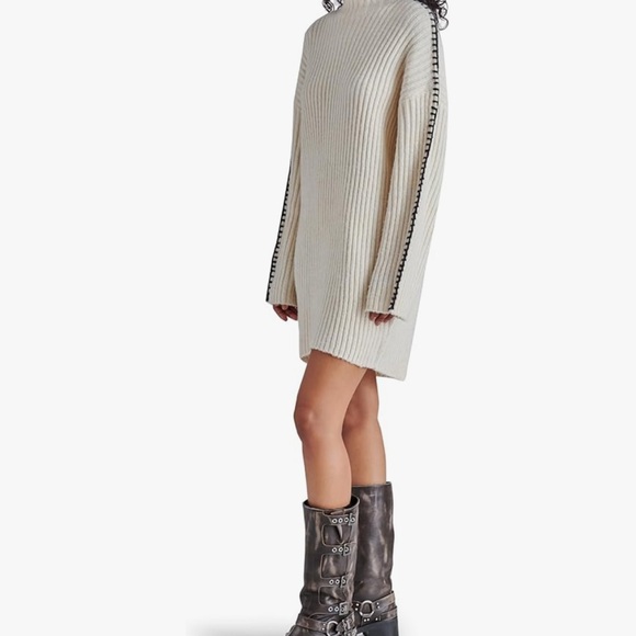 Steve Madden Women's Gemma Dress Ribbed Mock Neck White Black Stitching - Picture 2 of 8